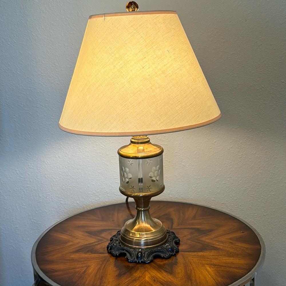 Vintage Brass and Etched Glass Table Lamp 24 inches in perfect working o…